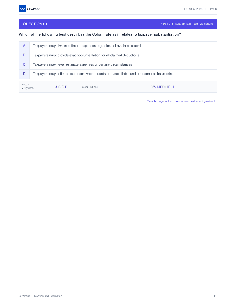 A real REG multiple-choice question page from the free CPAPass PDF