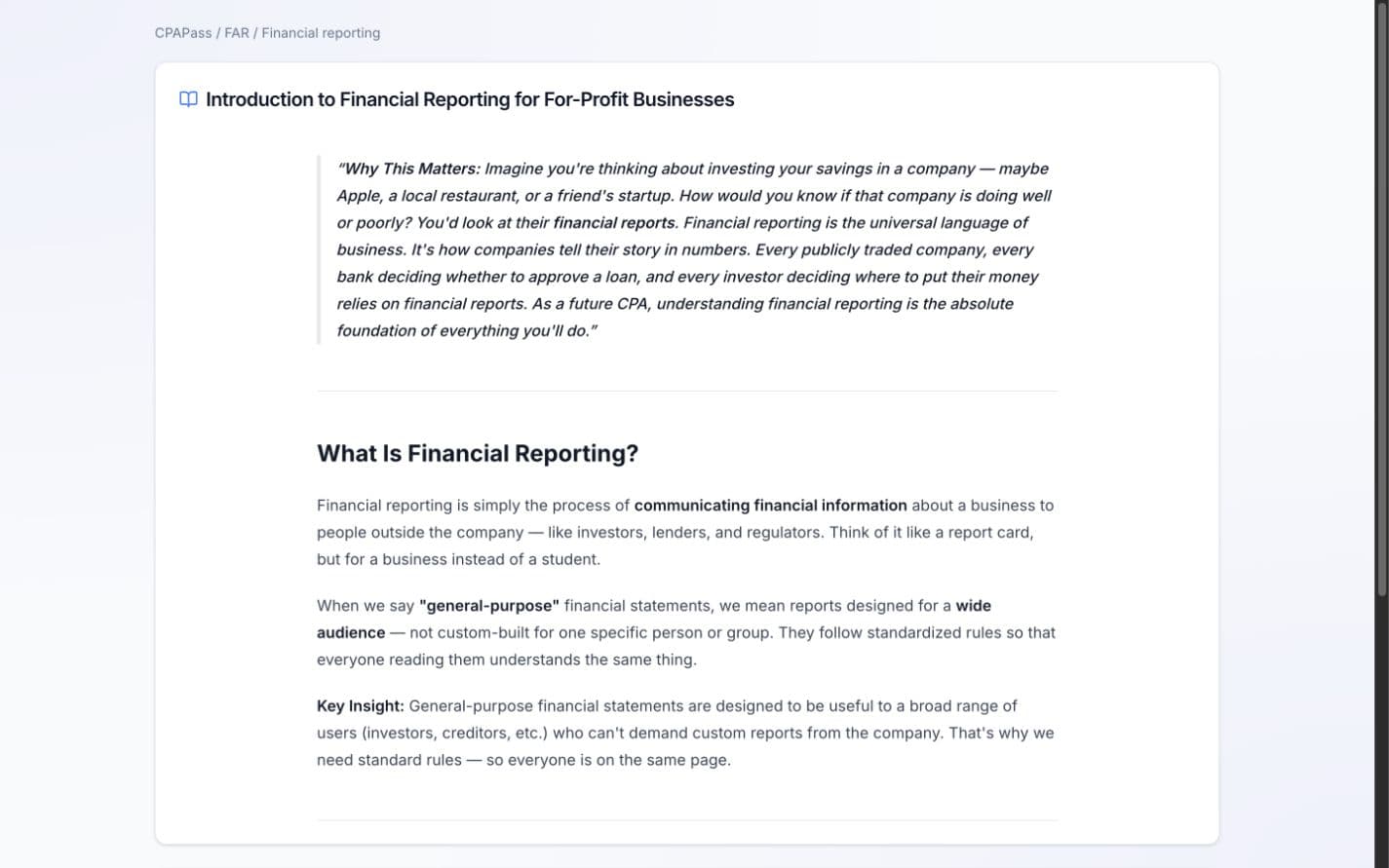 CPAPass lesson viewer showing an introduction to financial reporting