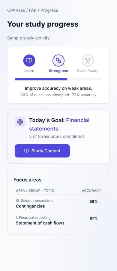 CPAPass study progress on mobile with illustrative activity