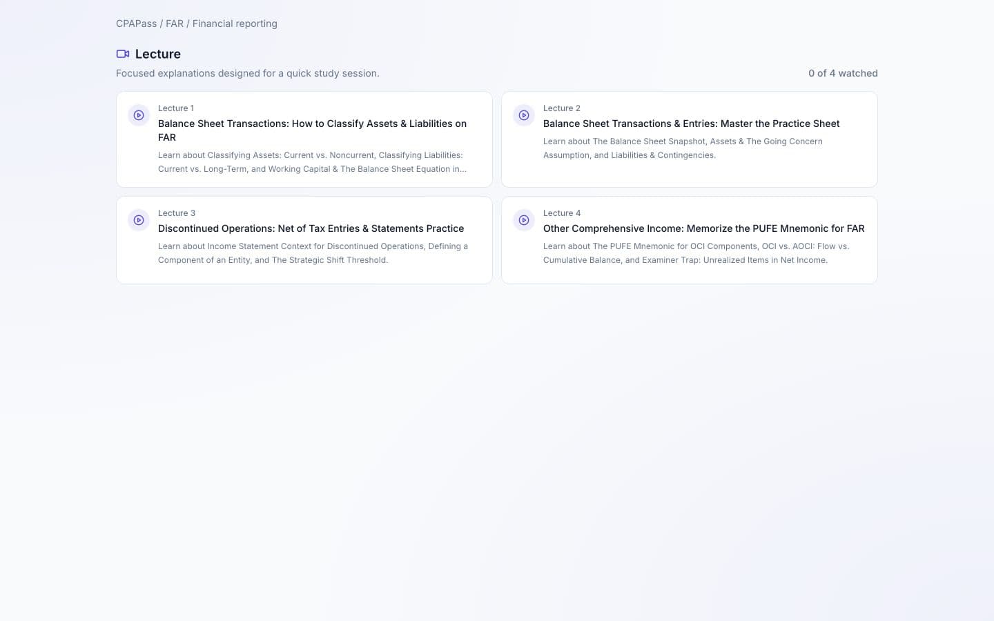 Actual CPAPass lecture library with topic-based video lessons